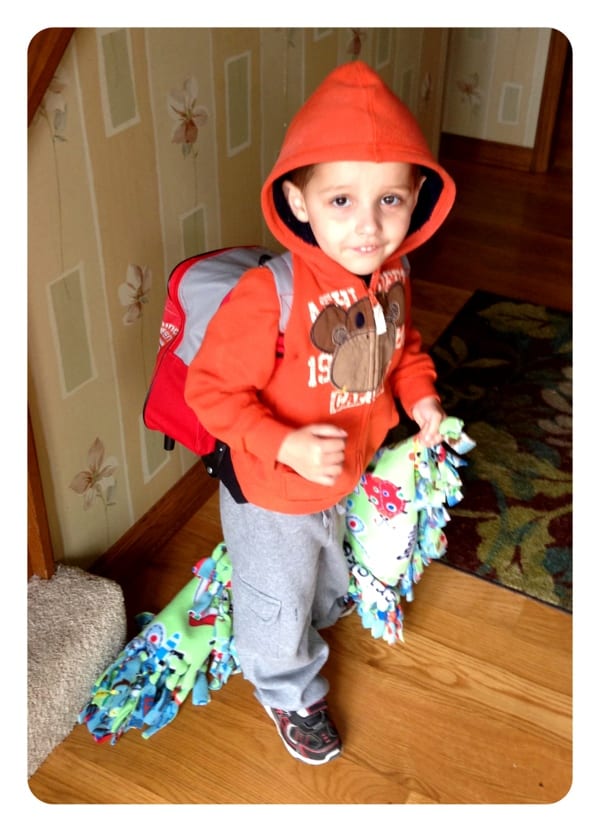 Daniel all packed up for a night at Grandma’s house