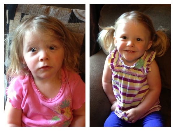 Waking up is hard to do. Lily’s before / after hairdo