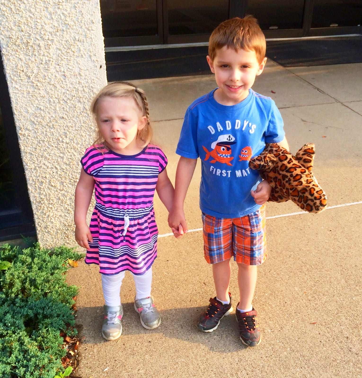 Holding hands. Lily’s first day at Bible Center School w/Daniel