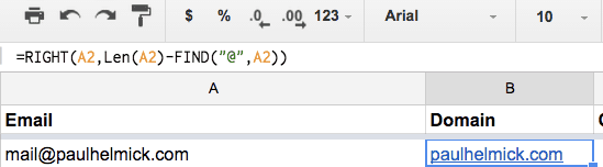 How to extract a domain name from an email address in Excel or Google Docs