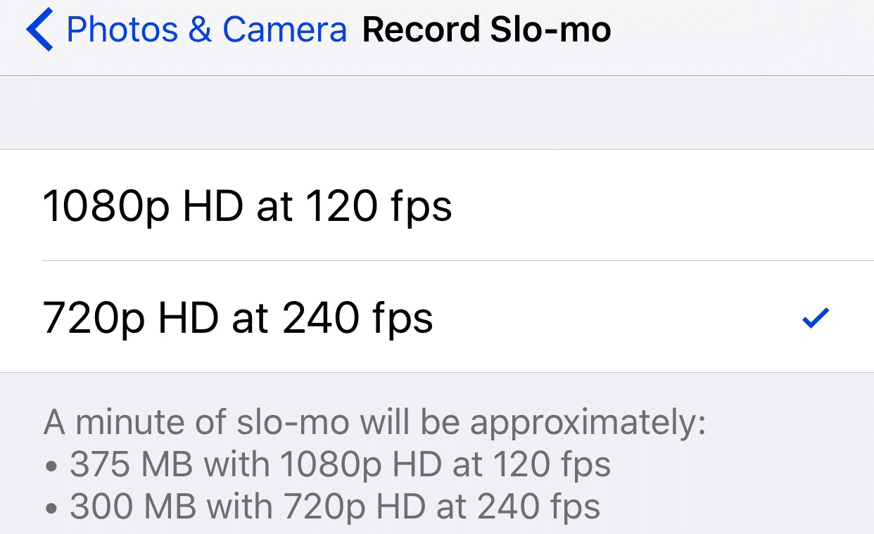 iPhone 6s slow-motion video quality options