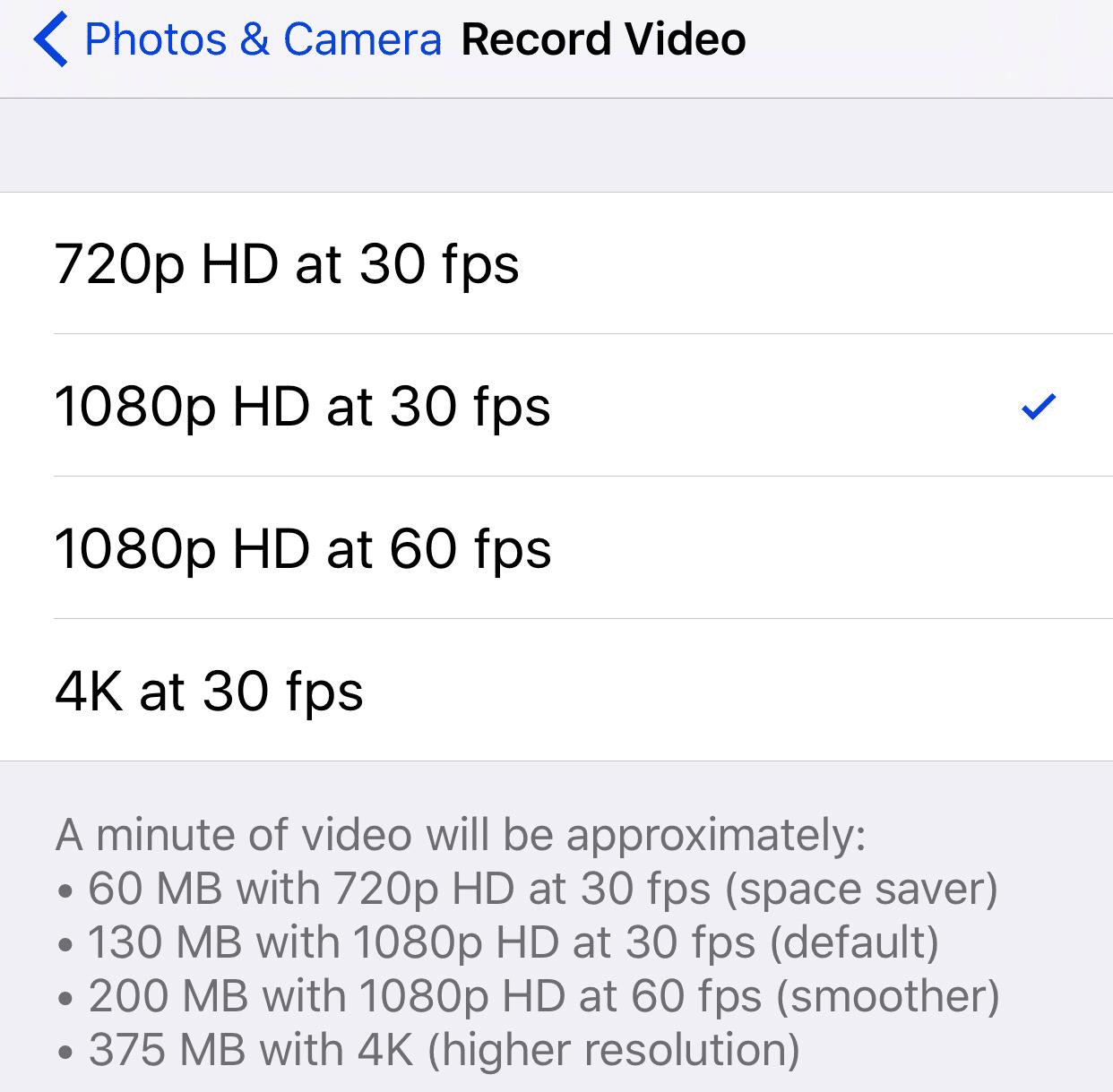 iPhone 6s video quality options